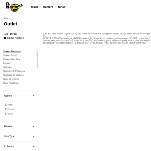 Visible SQL error messages on product/support pages