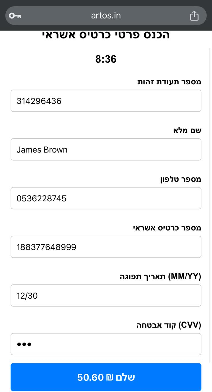 Fake credit card input screen